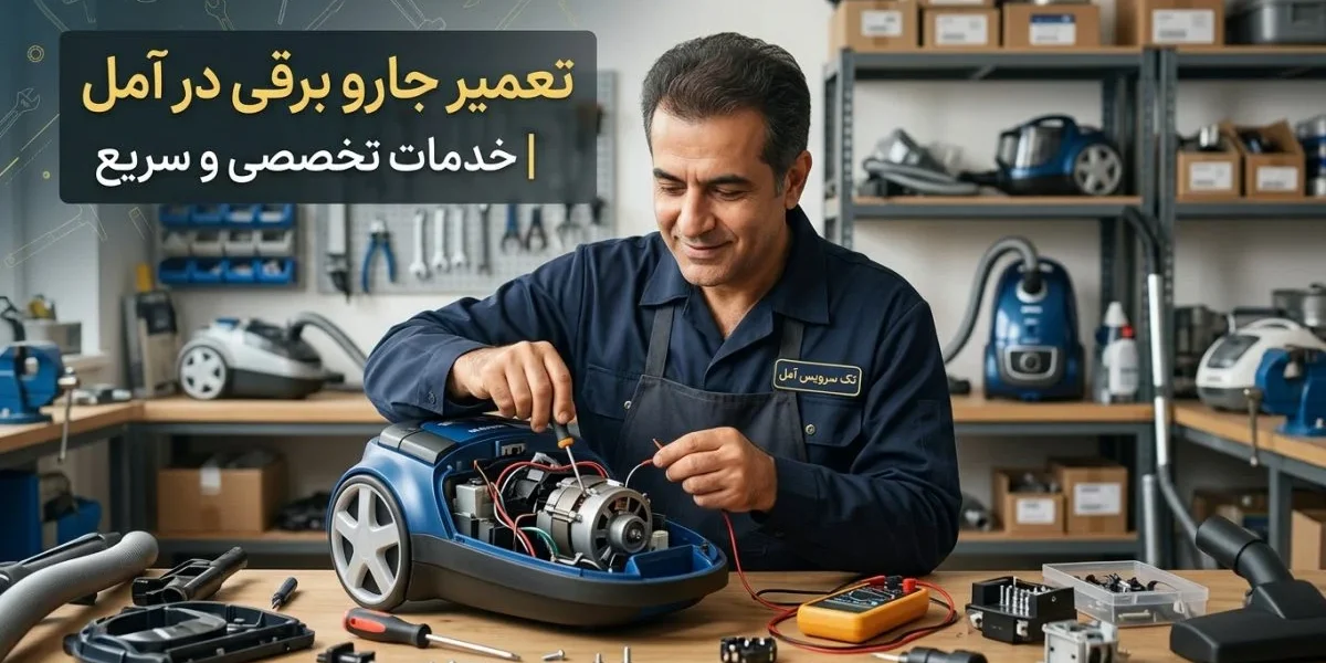 تعمیر جارو برقی در آمل - تکنسین در حال بازکردن و تعمیر دستگاه در منزل