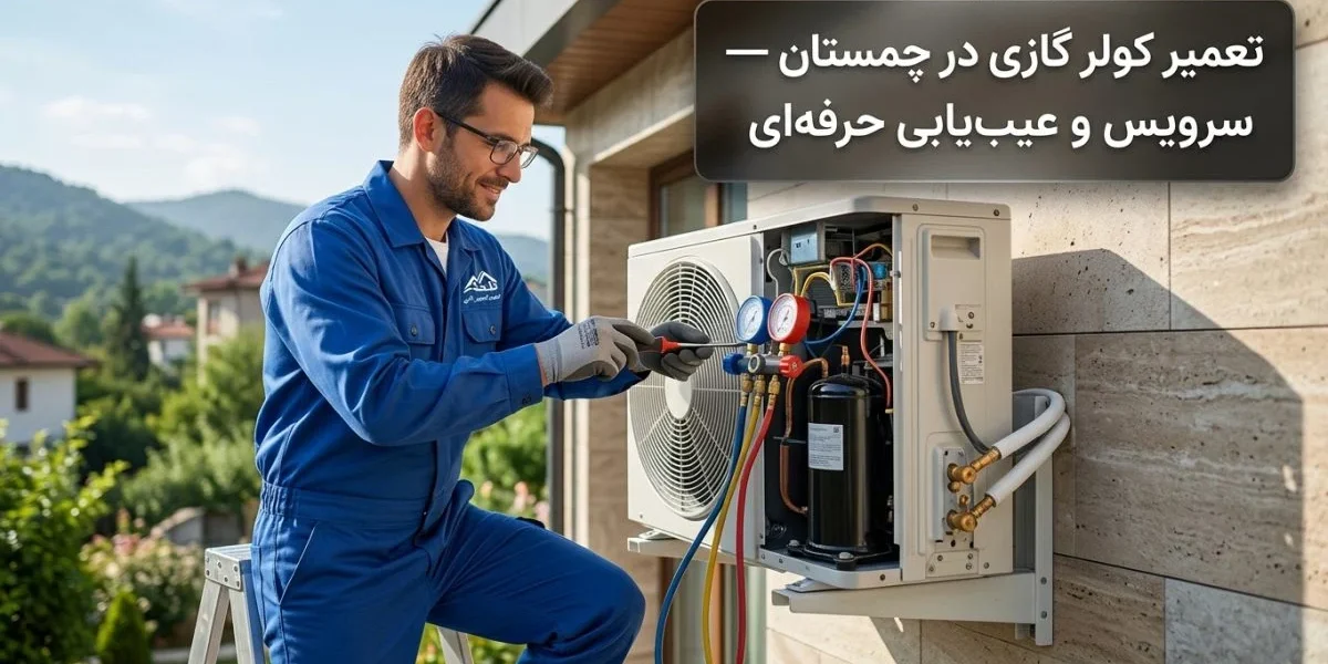 تکنسین خدمات در حال تعمیر کولر گازی اسپلیت در چمستان - تعمیر کولر گازی در چمستان