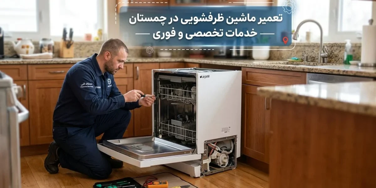 تکنسین تعمیر ماشین ظرفشویی در چمستان در حال بررسی برد و پمپ دستگاه