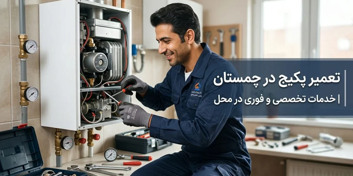 تعمیرکار در حال سرویس پکیج دیواری - تعمیر پکیج در چمستان