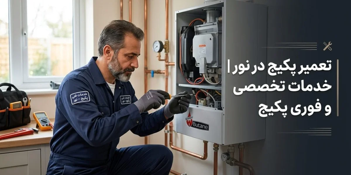 تکنسین تعمیر پکیج مشغول تعمیر پکیج دیواری؛ تعمیر پکیج در نور