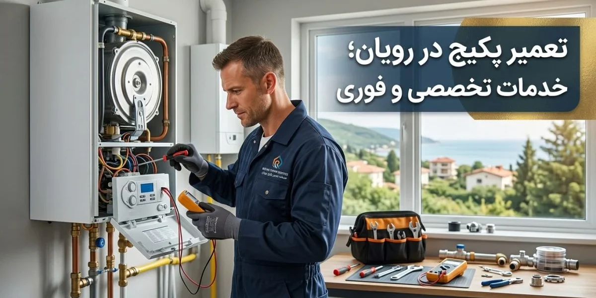 تکنسین تعمیر پکیج در حال عیب‌یابی و تعمیر پکیج دیواری؛ موضوع: تعمیر پکیج در رویان