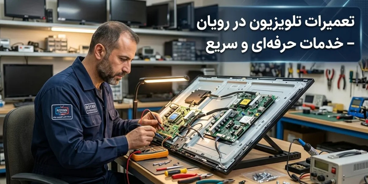 تکنسین تعمیر تلویزیون در حال بررسی برد و پنل برای تعمیرات تلویزیون در رویان