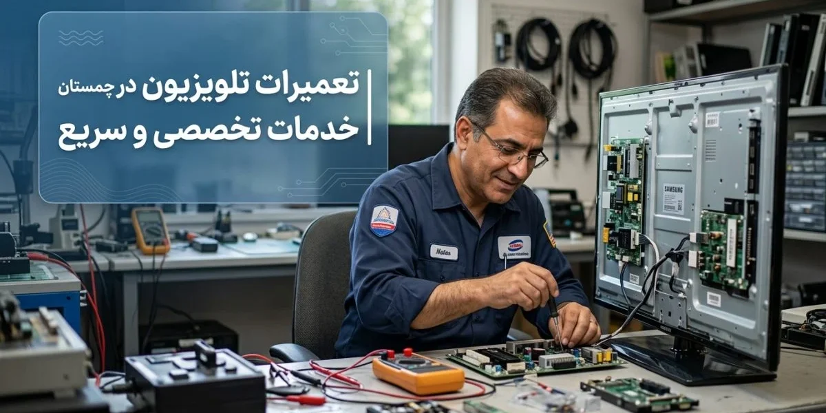تکنسین تعمیر تلویزیون در حال عیب‌یابی و تعمیر یک تلویزیون صفحه‌تخت - تعمیرات تلویزیون در چمستان