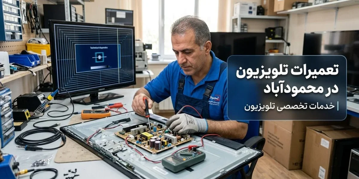 تکنسین تعمیر تلویزیون در حال بررسی و تعمیر صفحه نمایش در منزل - تعمیرات تلویزیون در محمودآباد