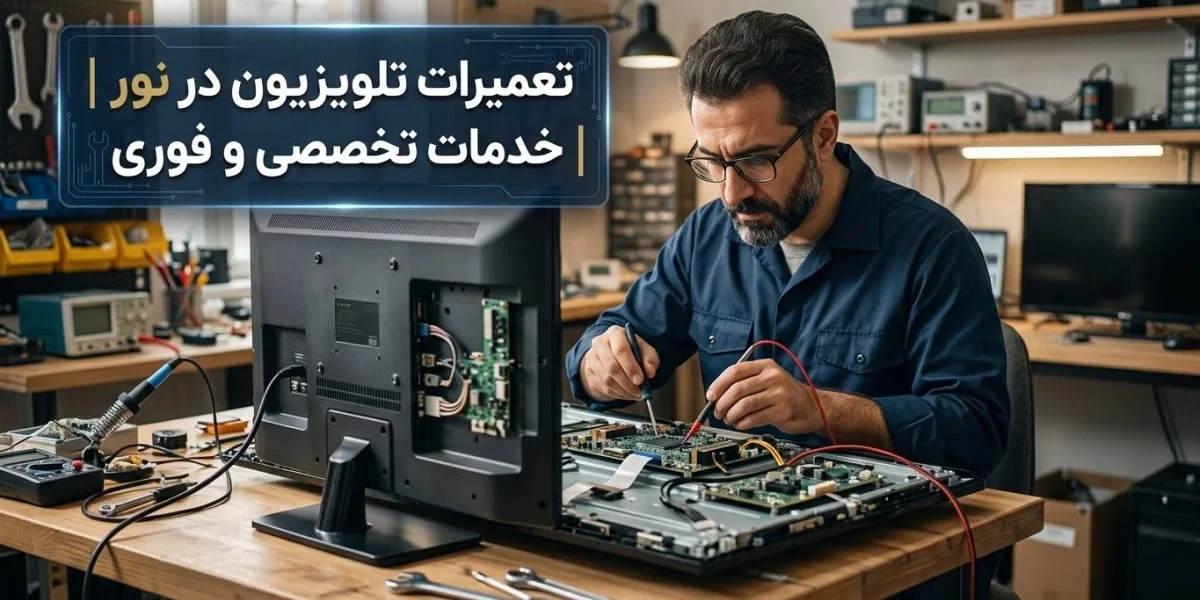 تکنسین تعمیر تلویزیون در حال عیب‌یابی یک تلویزیون تخت؛ تعمیرات تلویزیون در نور