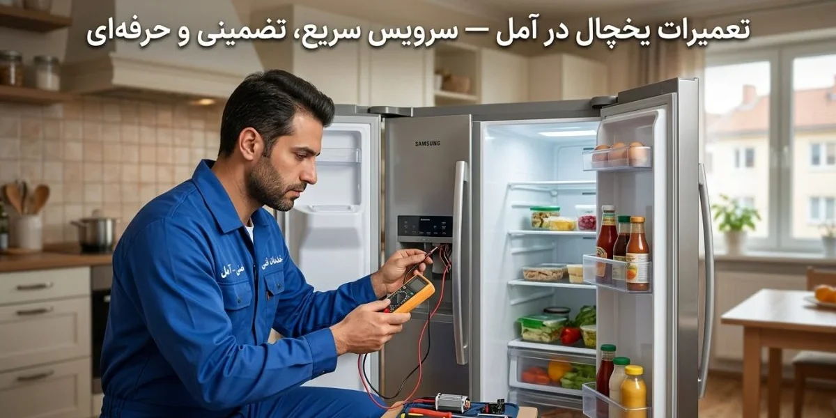 تکنسین در حال تعمیر یخچال در محل - تعمیرات یخچال در آمل