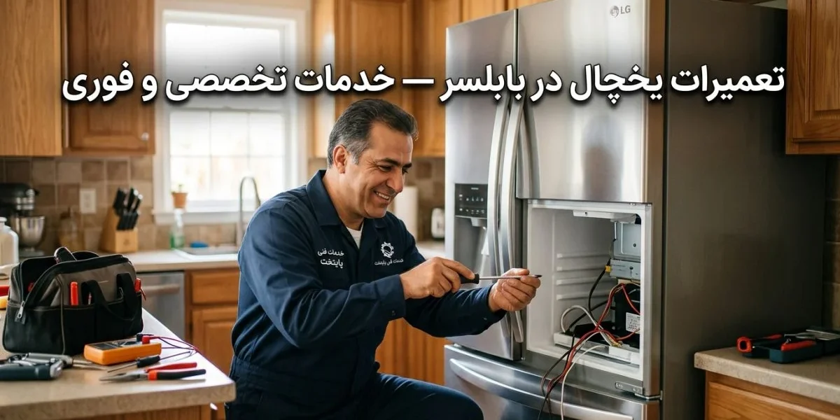 تکنسین تعمیر یخچال در حال سرویس یک یخچال مدرن - تعمیرات یخچال در بابلسر