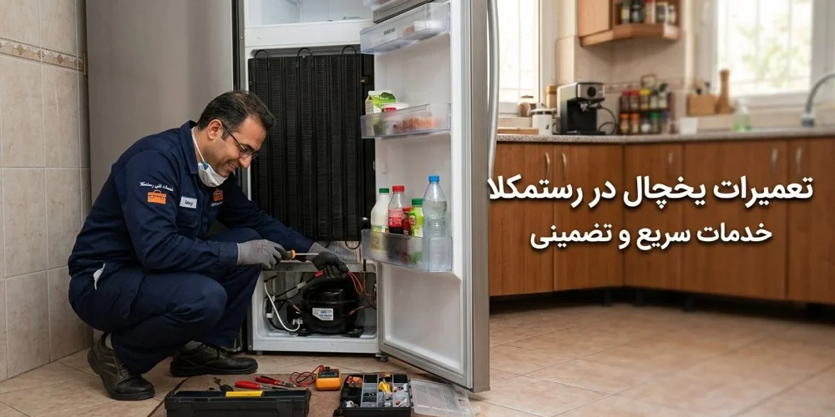 تکنسین تعمیر یخچال در حال تعمیر یخچال در آشپزخانه - تعمیرات یخچال در رستمکلا